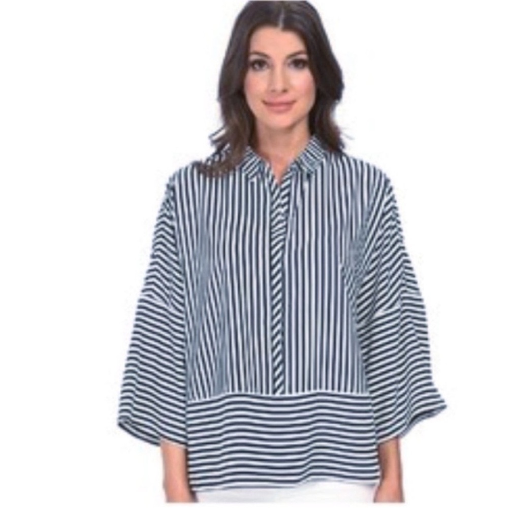 Piazza Sempione Striped Navy and White Button-Front Blouse Size Medium